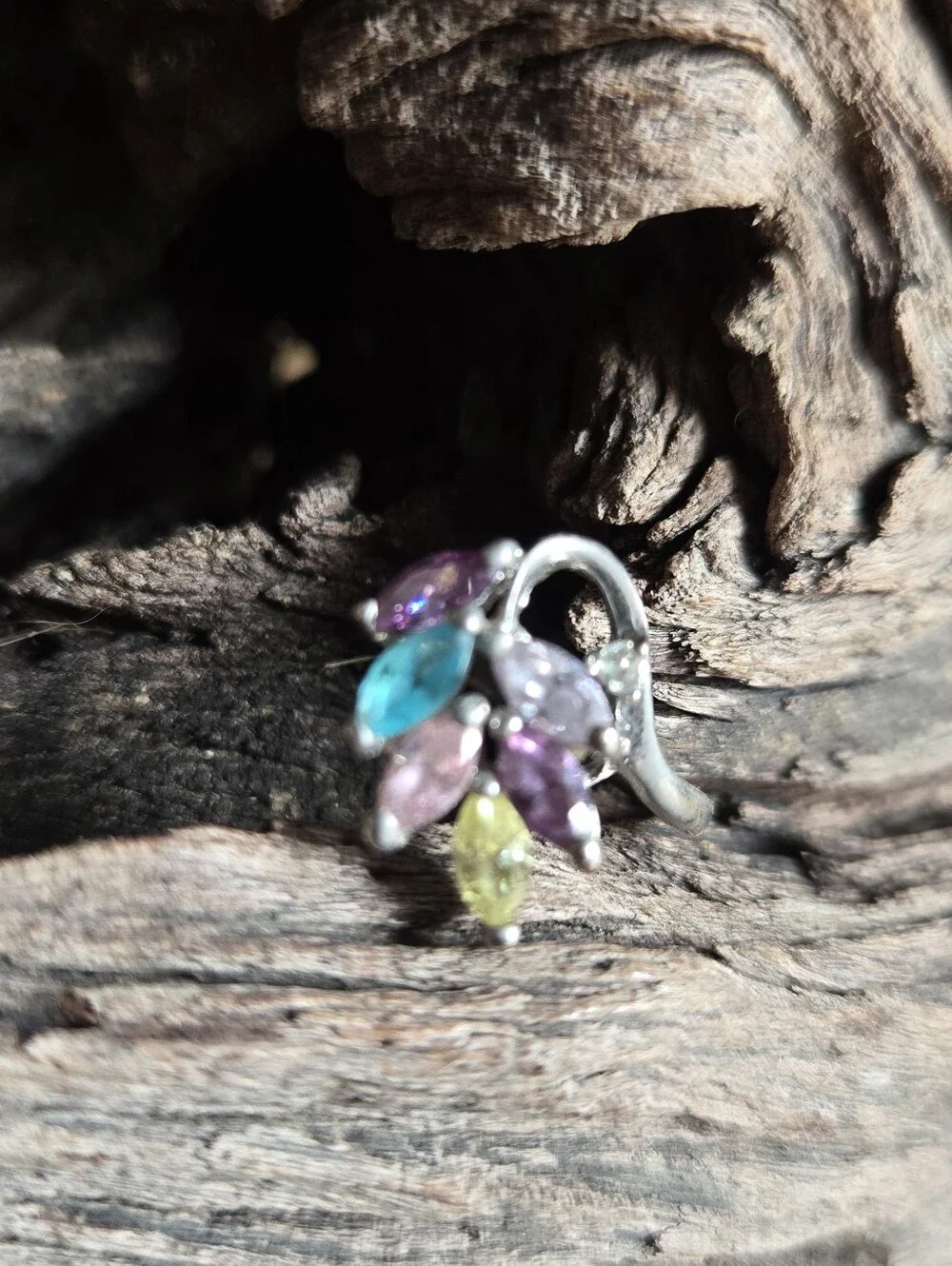 Vintage Silver Tone Multicolor Rhinestone Floral Ring Size 4.25